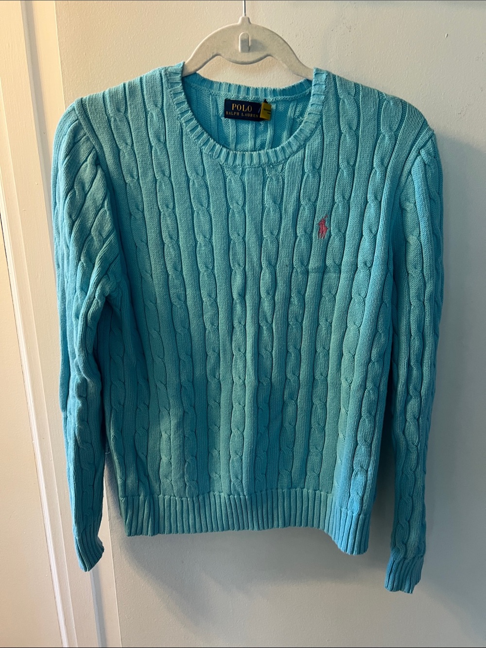 Polo by Ralph Lauren Cable-Knit Crewneck Sweater - Aqua with Pink Pony